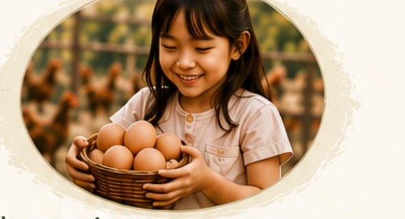 Anak menerima telur segar dari peternakan